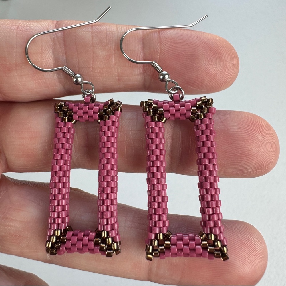 Cherry Blossom Beaded Earrings‎ Dangle Drop 2.25” Rectangle Bezel Handmade